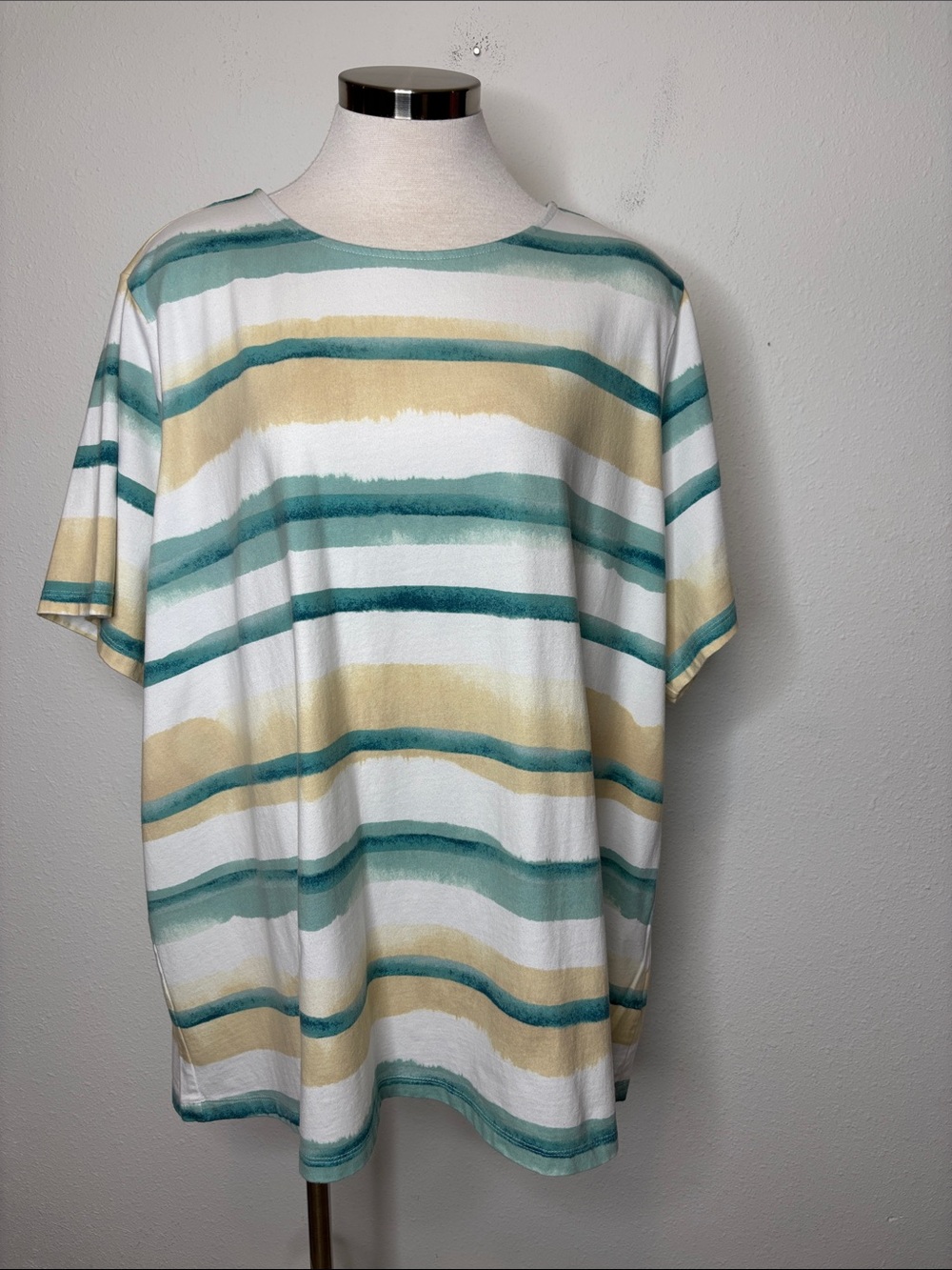 D&co. Casual Crewneck Short Sleeve Stripe Tee - White, Teal & Beige